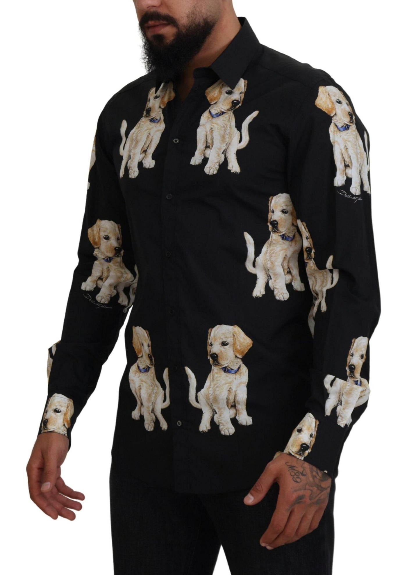 Black Dog Print Men Casual GOLD Cotton Shirt