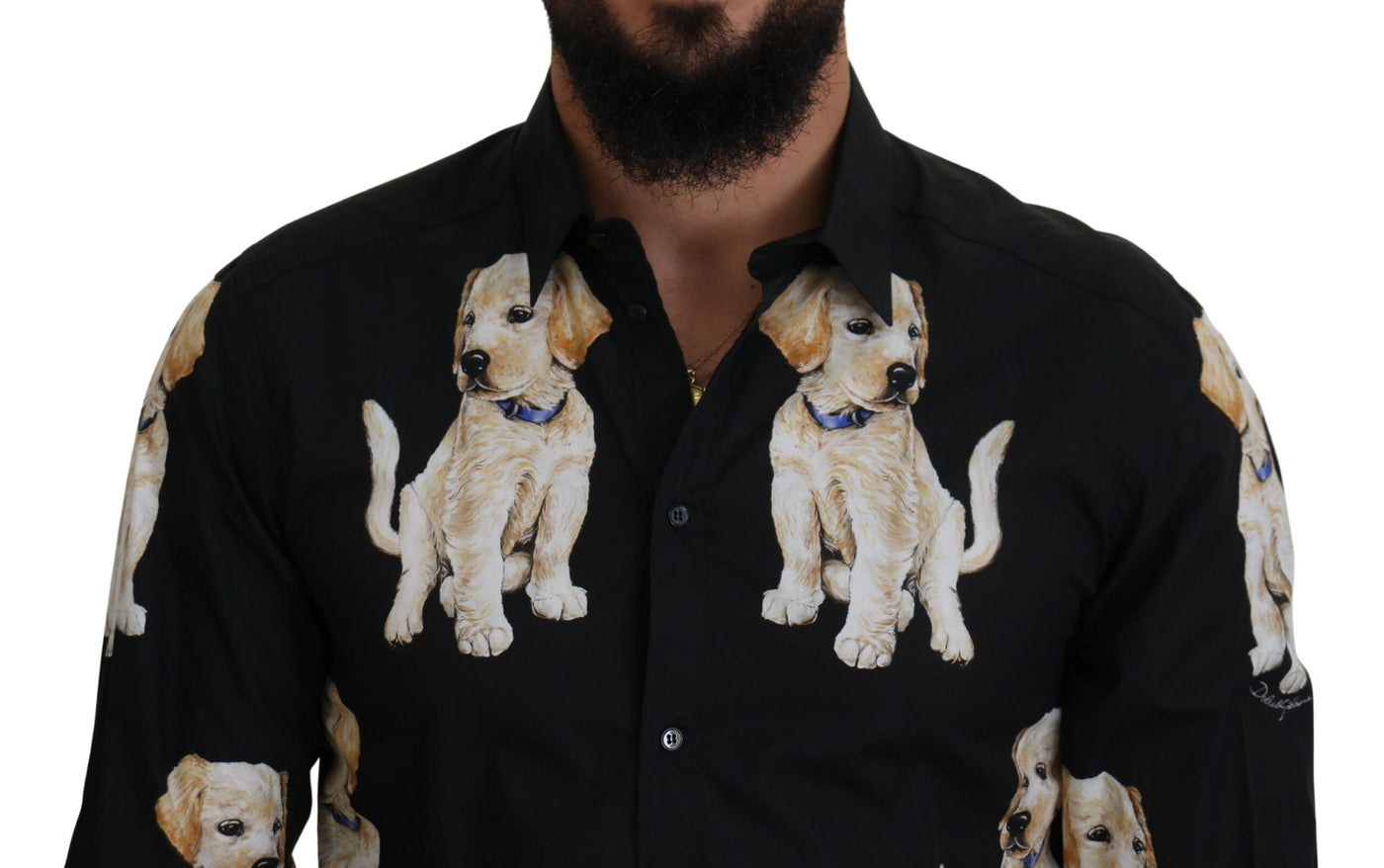 Black Dog Print Men Casual GOLD Cotton Shirt