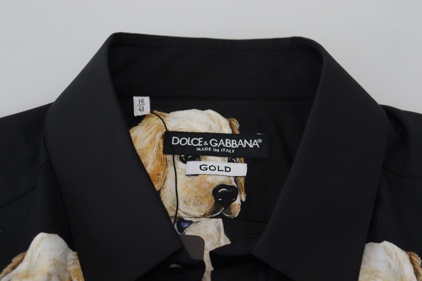 Black Dog Print Men Casual GOLD Cotton Shirt