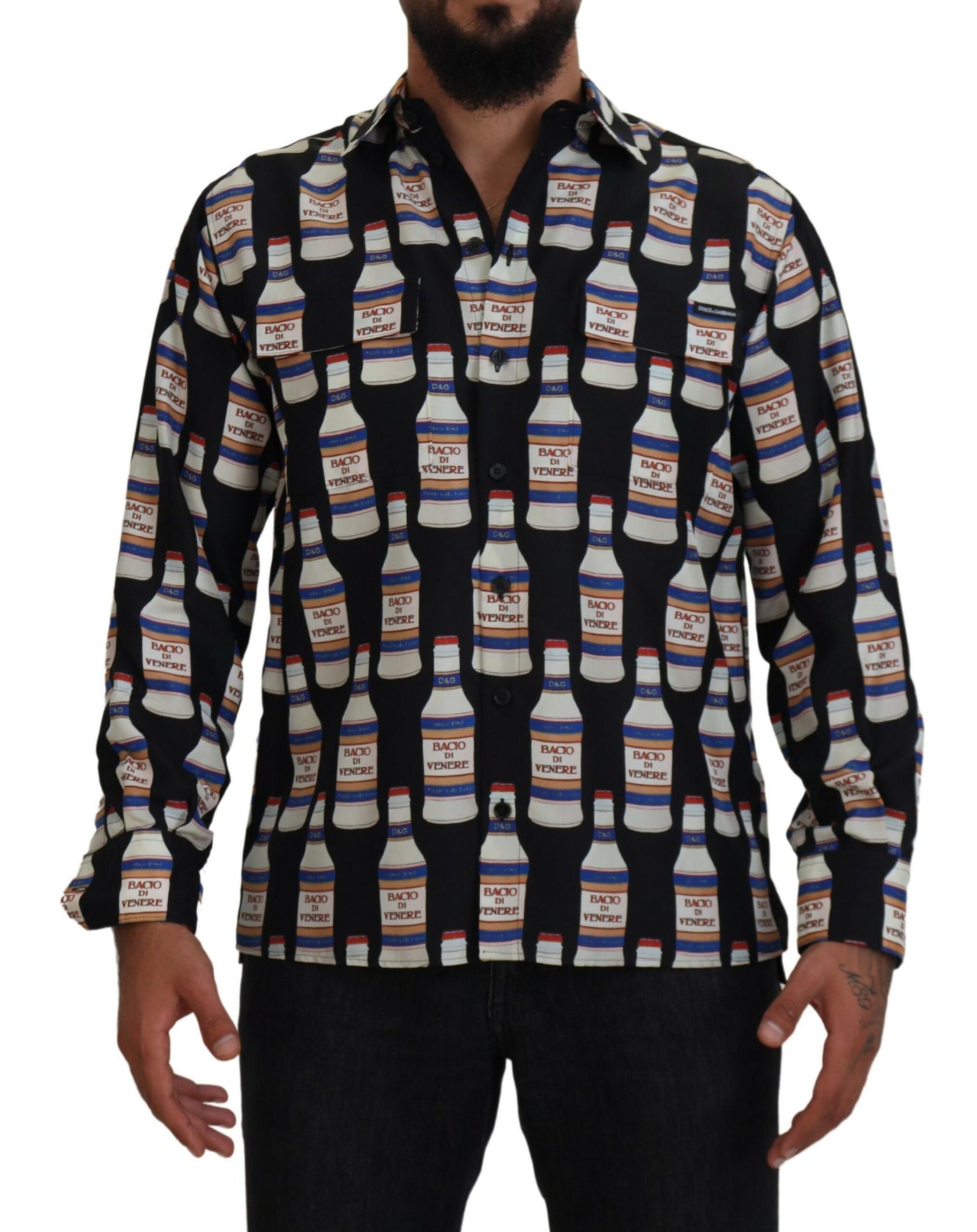 Black Silk Printed Collared Men Casual Shirt