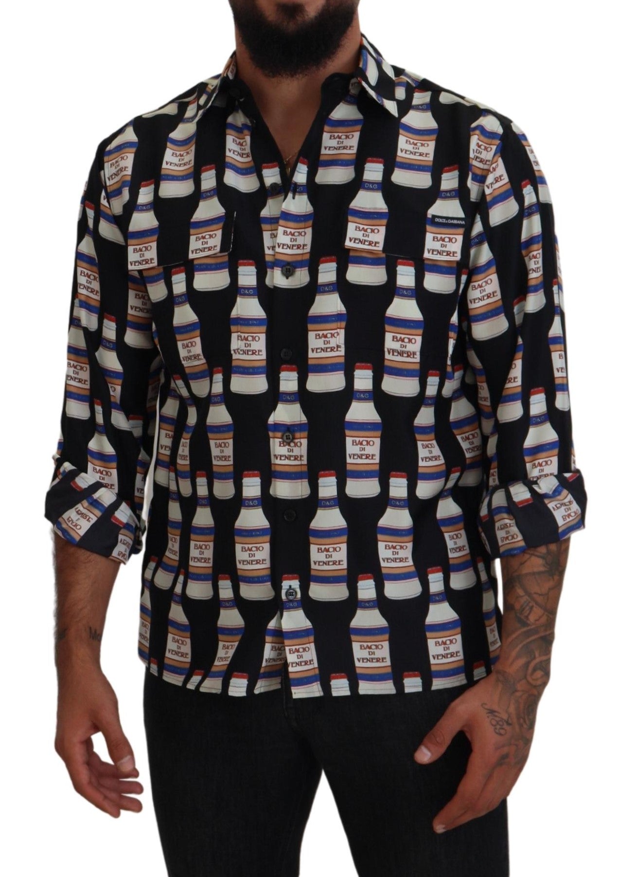 Black Silk Printed Collared Men Casual Shirt