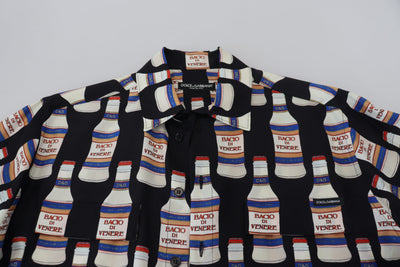 Black Silk Printed Collared Men Casual Shirt