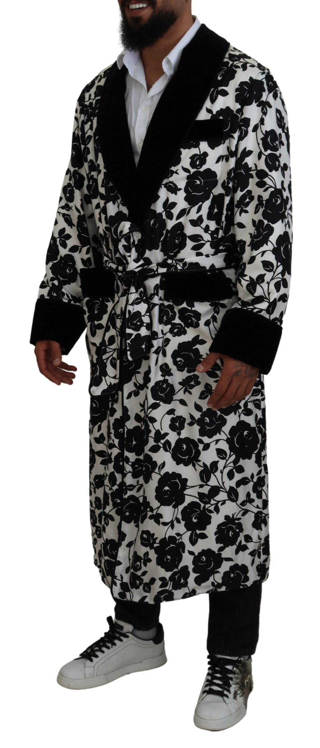 White Black Floral Waist Belt Robe Sleepwear