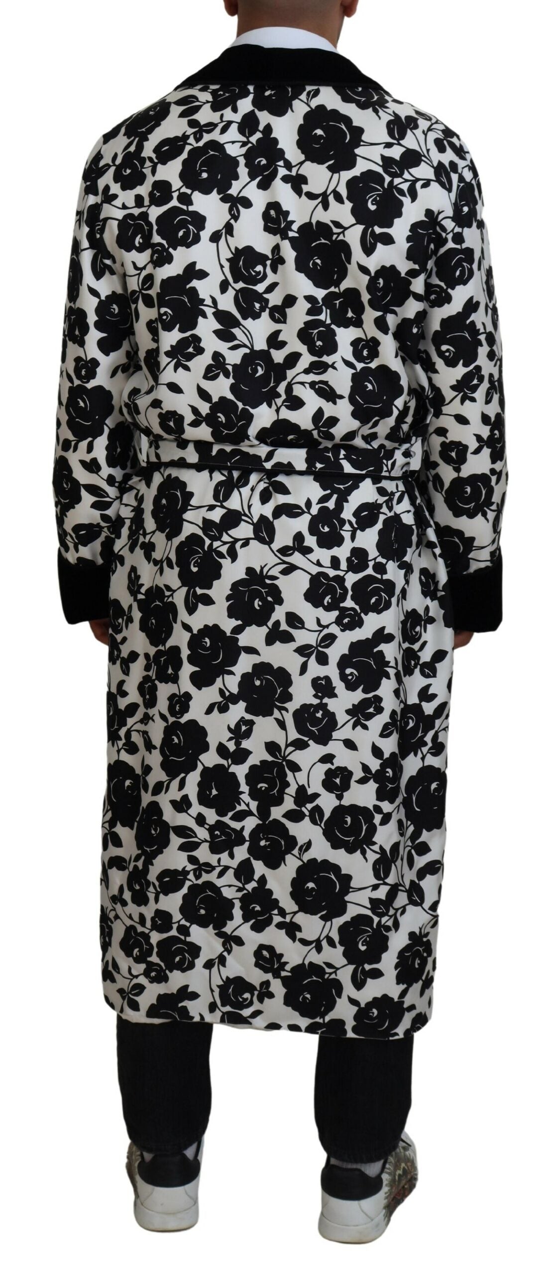 White Black Floral Waist Belt Robe Sleepwear