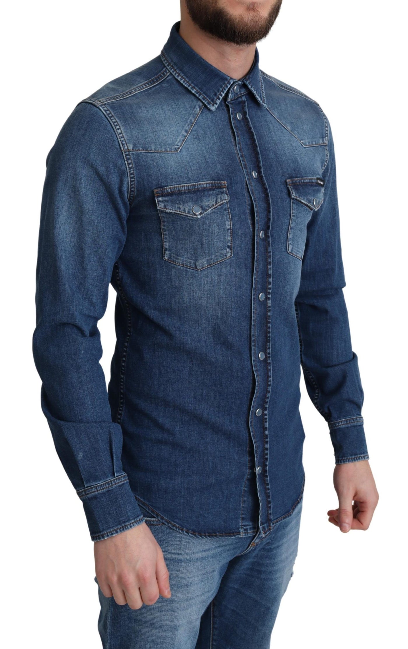 Blue Cotton Stretch Long Sleeves Denim Shirt