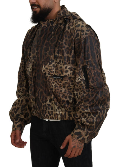 Brown Leopard Print Men Hooded Jacket