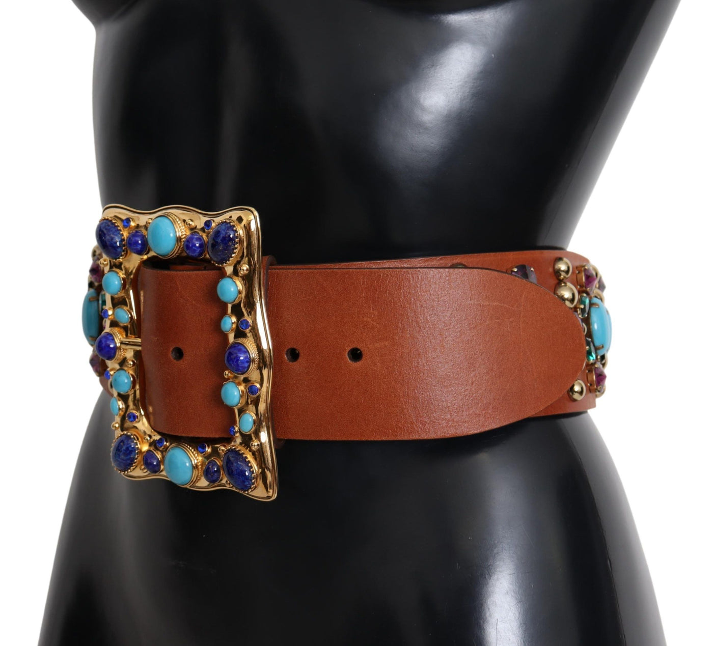 Brown Crystal Gold Buckle Leather Belt