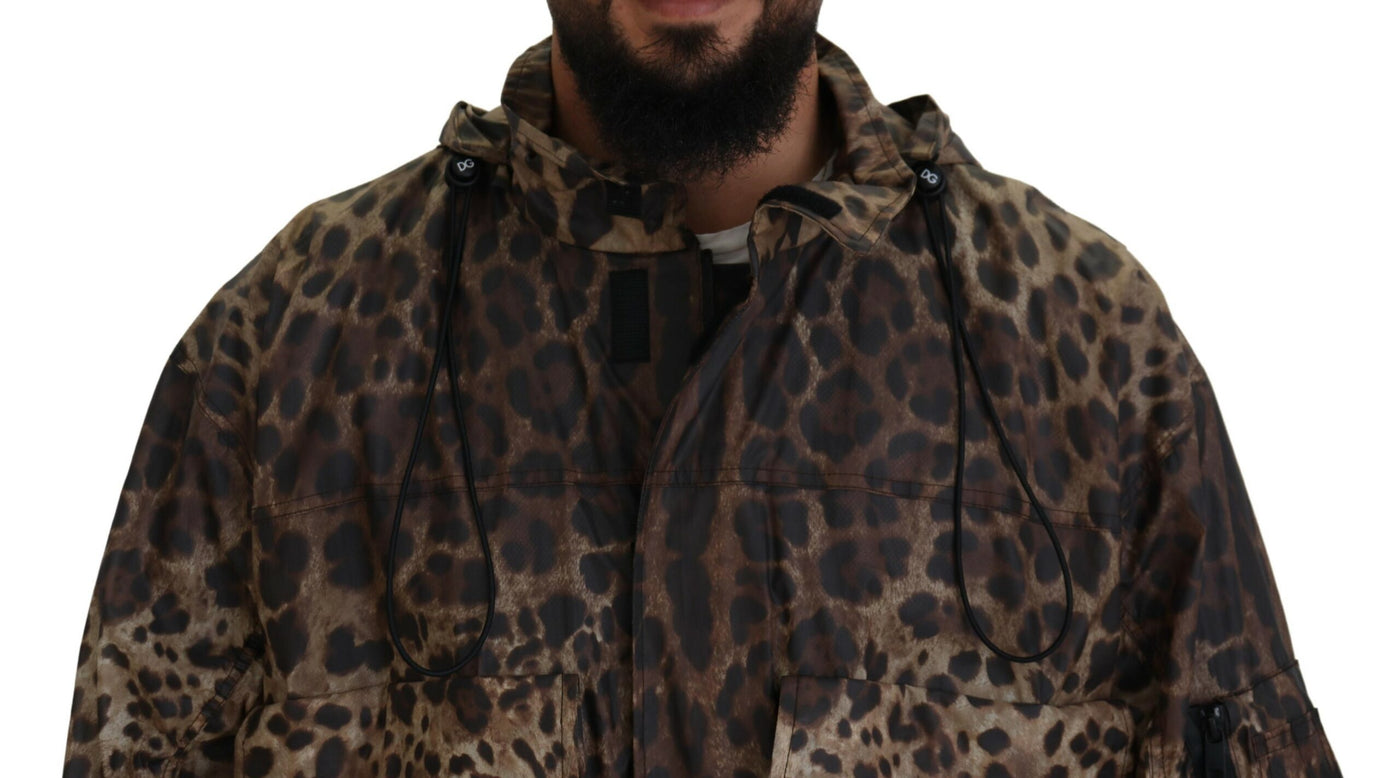 Brown Leopard Print Men Hooded Jacket