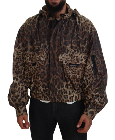 Brown Leopard Print Men Hooded Jacket