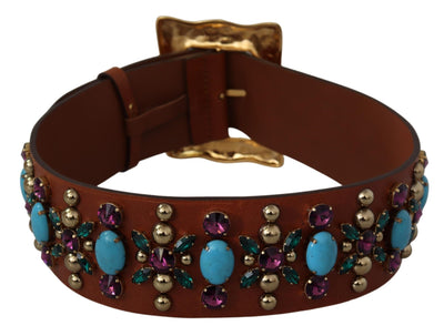 Brown Crystal Gold Buckle Leather Belt