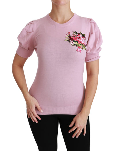 Pink Floral Embroidered Blouse Wool Top