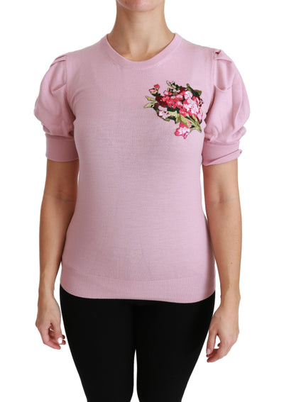 Pink Floral Embroidered Blouse Wool Top