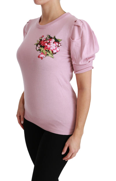 Pink Floral Embroidered Blouse Wool Top