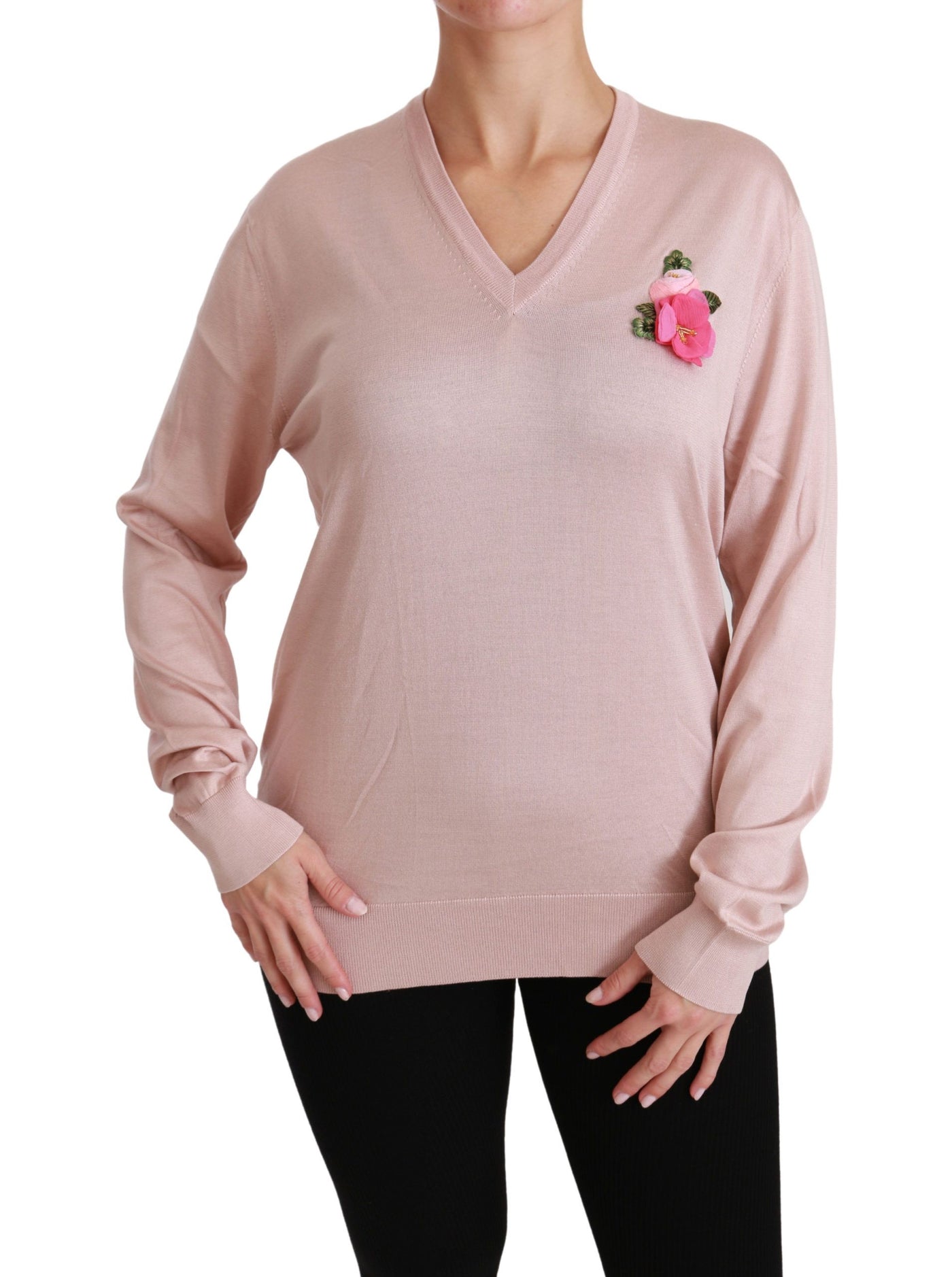 Pink Floral Embellished Pullover Silk Sweater