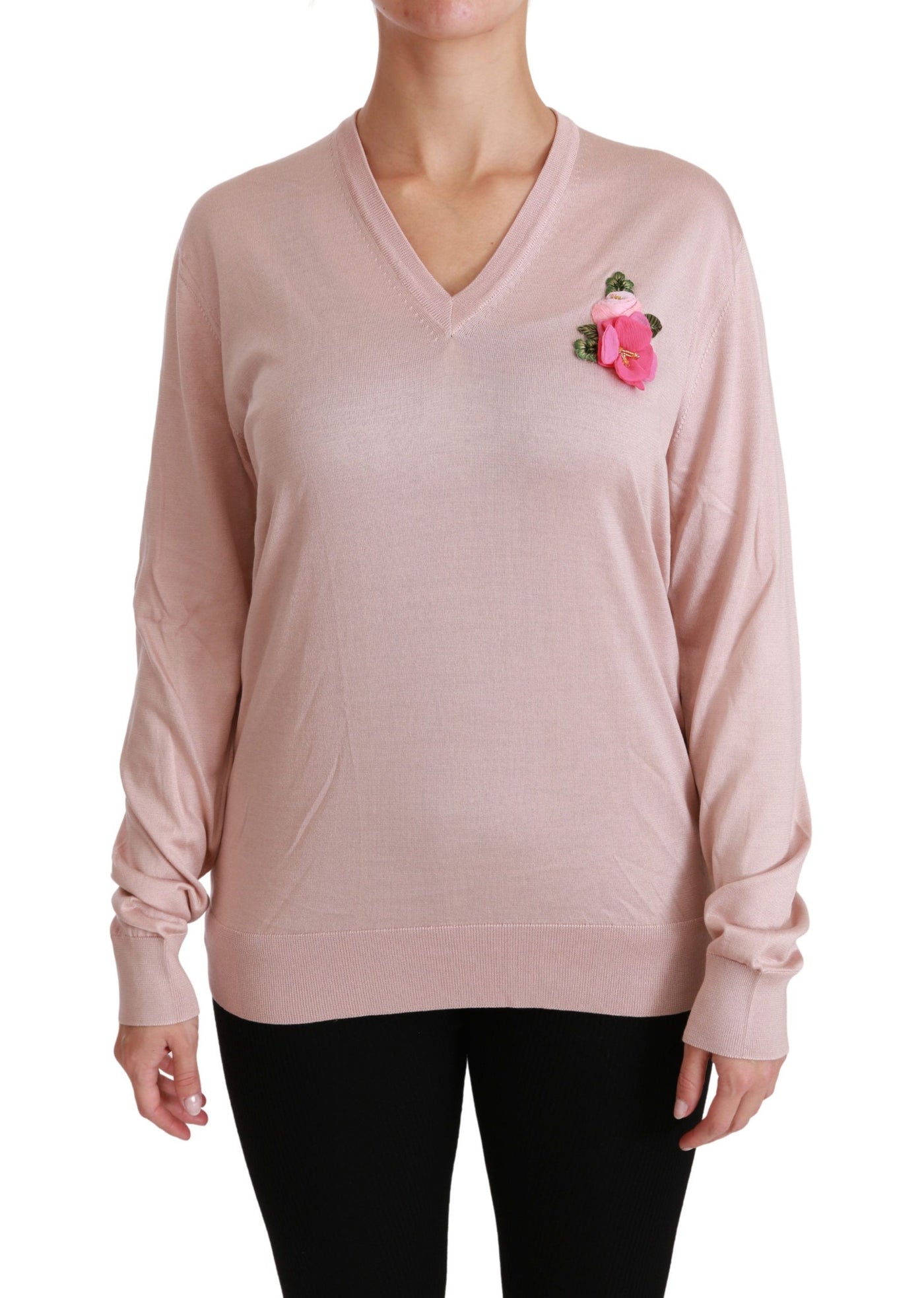 Pink Floral Embellished Pullover Silk Sweater