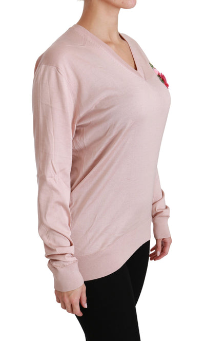 Pink Floral Embellished Pullover Silk Sweater