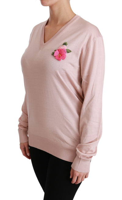 Pink Floral Embellished Pullover Silk Sweater