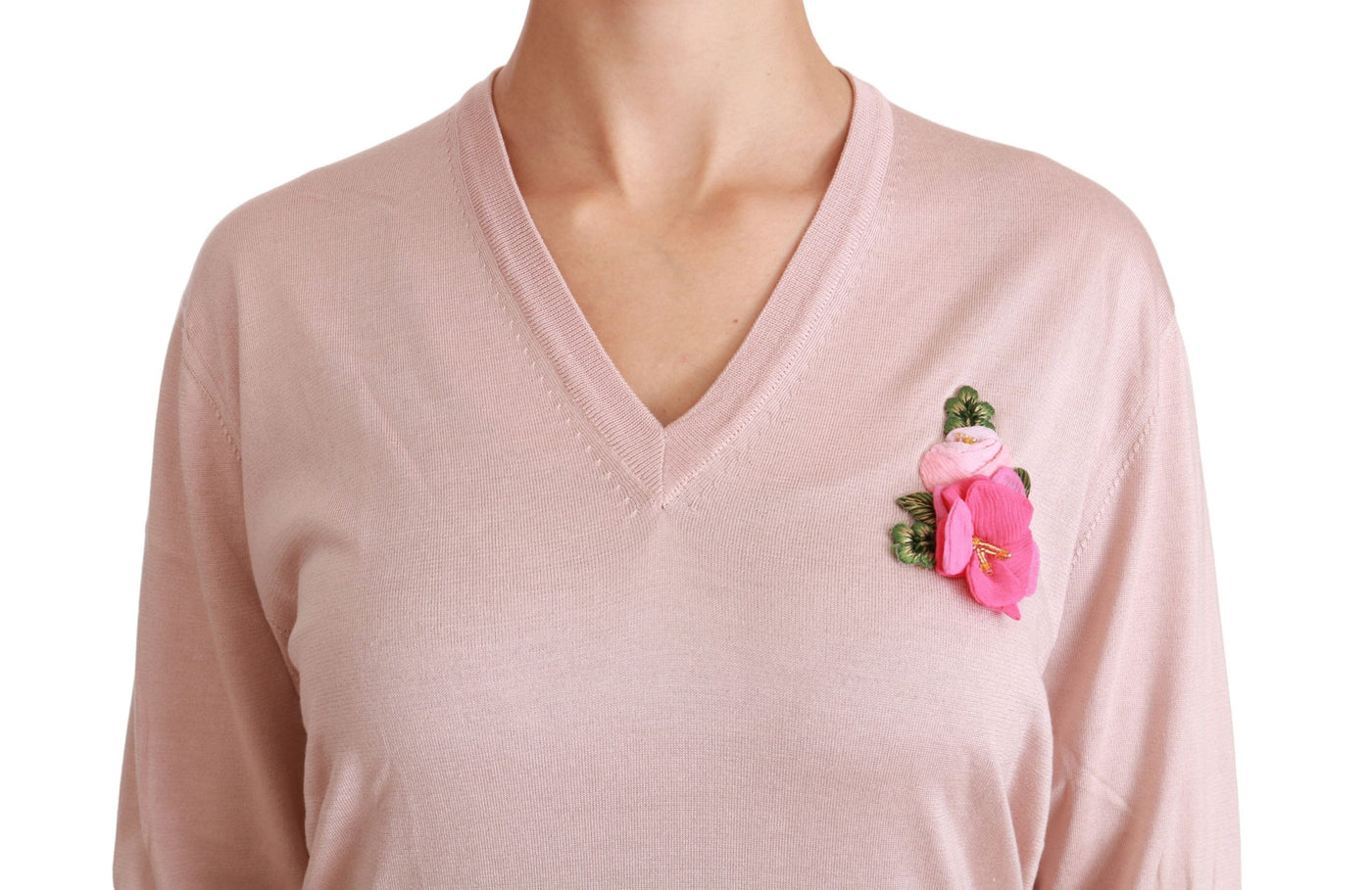 Pink Floral Embellished Pullover Silk Sweater