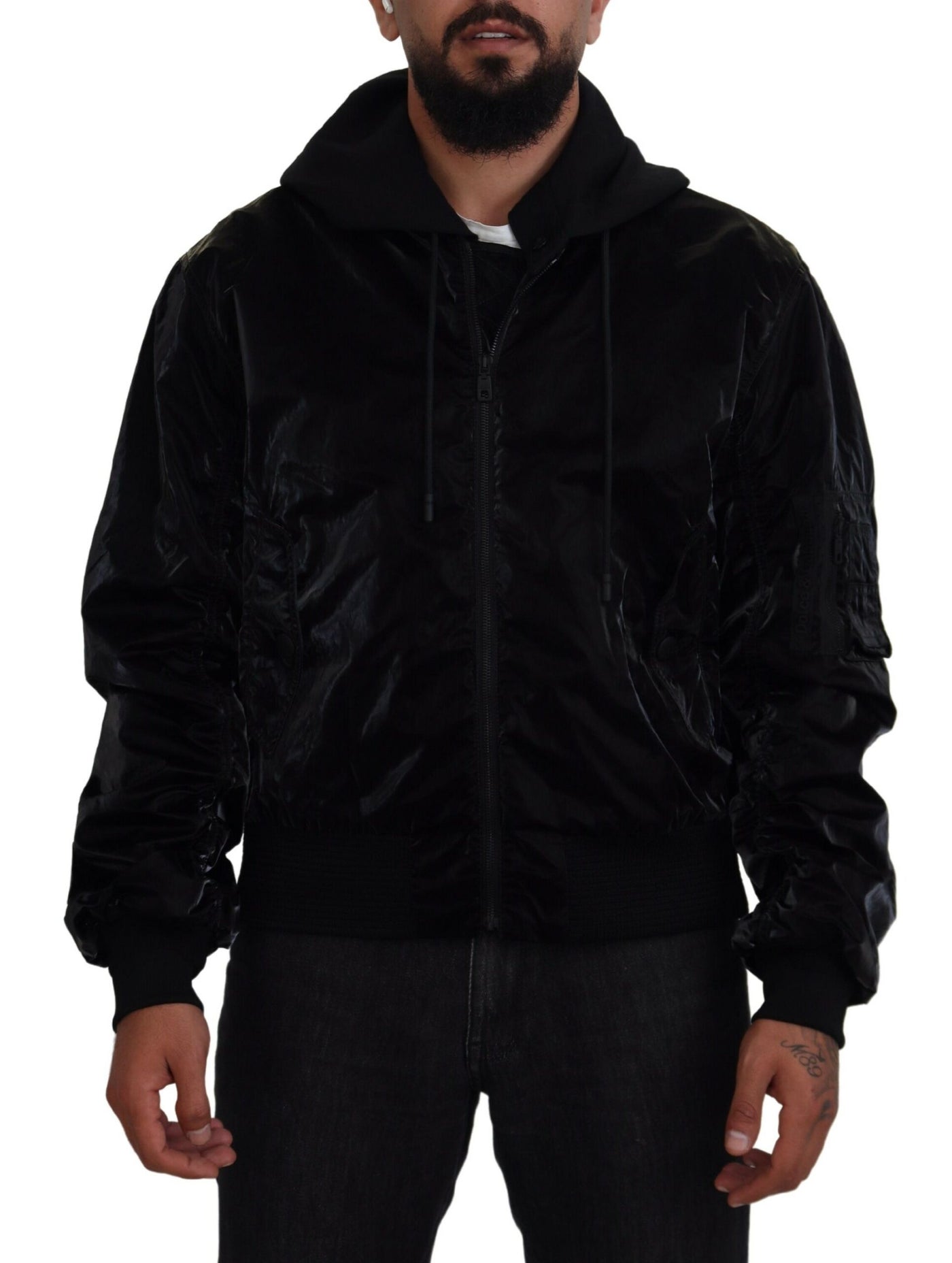 Black Nylon Hooded Full Zip Bomber Jacket