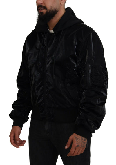 Black Nylon Hooded Full Zip Bomber Jacket