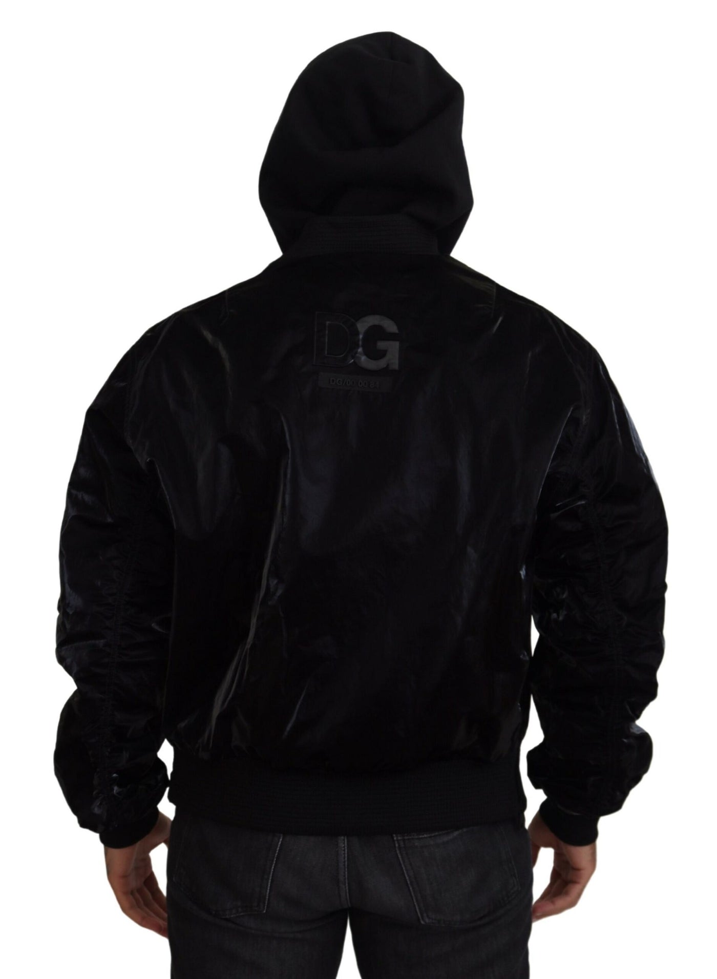 Black Nylon Hooded Full Zip Bomber Jacket