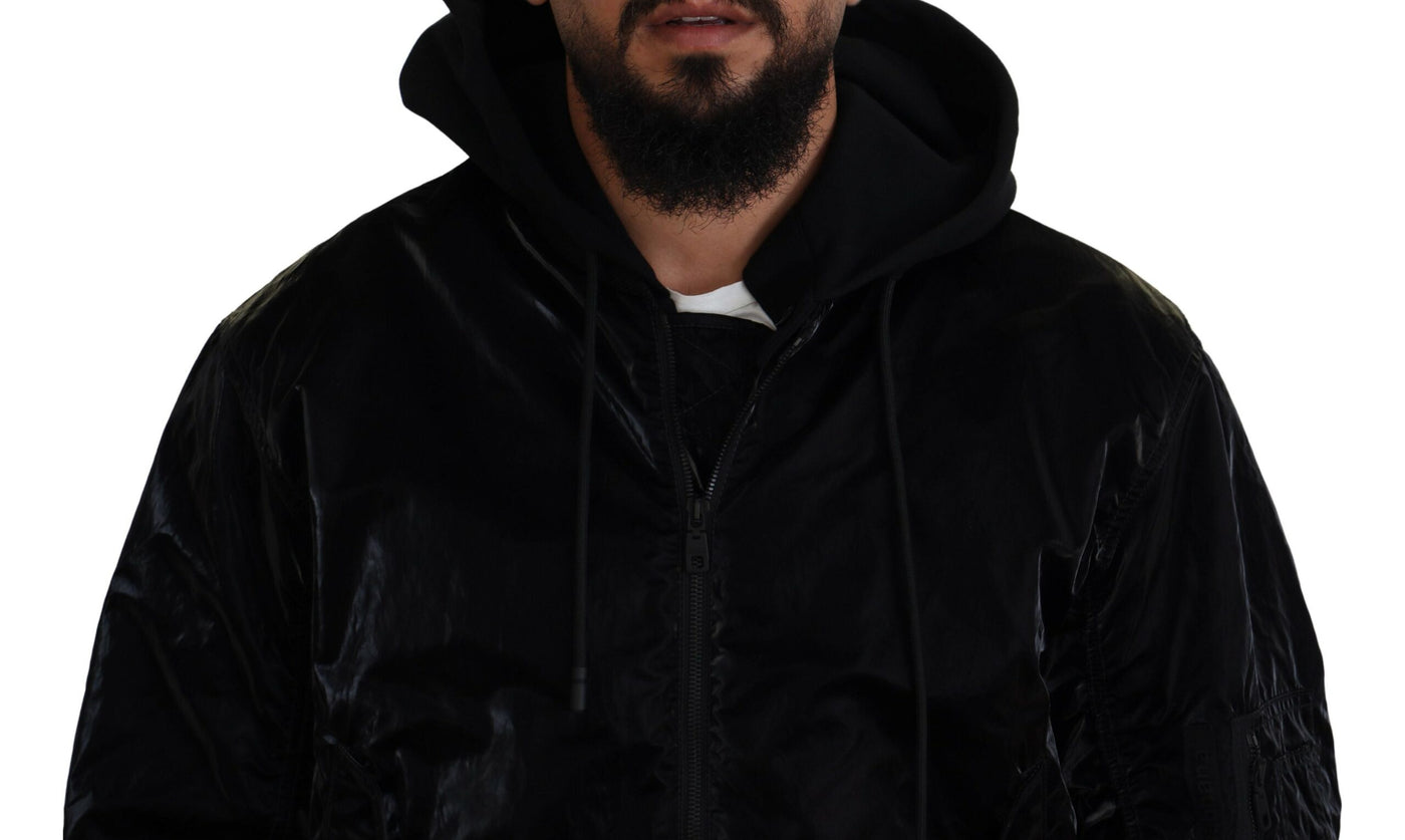 Black Nylon Hooded Full Zip Bomber Jacket