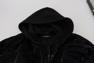 Black Nylon Hooded Full Zip Bomber Jacket