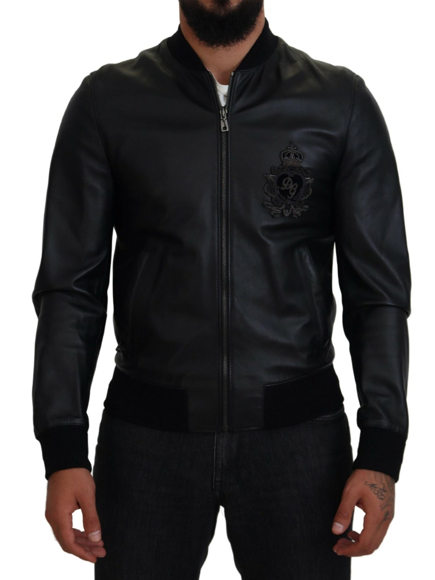 Black Leather DG Crown Men Bomber Jacket