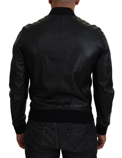 Black Leather DG Crown Men Bomber Jacket