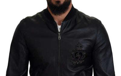 Black Leather DG Crown Men Bomber Jacket