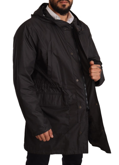 Black Hooded Mens Trench Coat Jacket