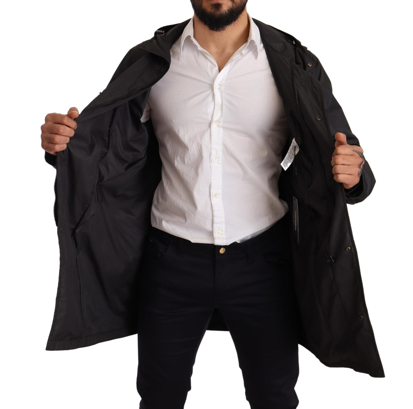 Black Hooded Mens Trench Coat Jacket