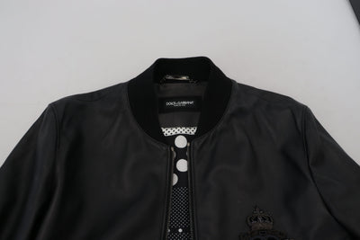 Black Leather DG Crown Men Bomber Jacket