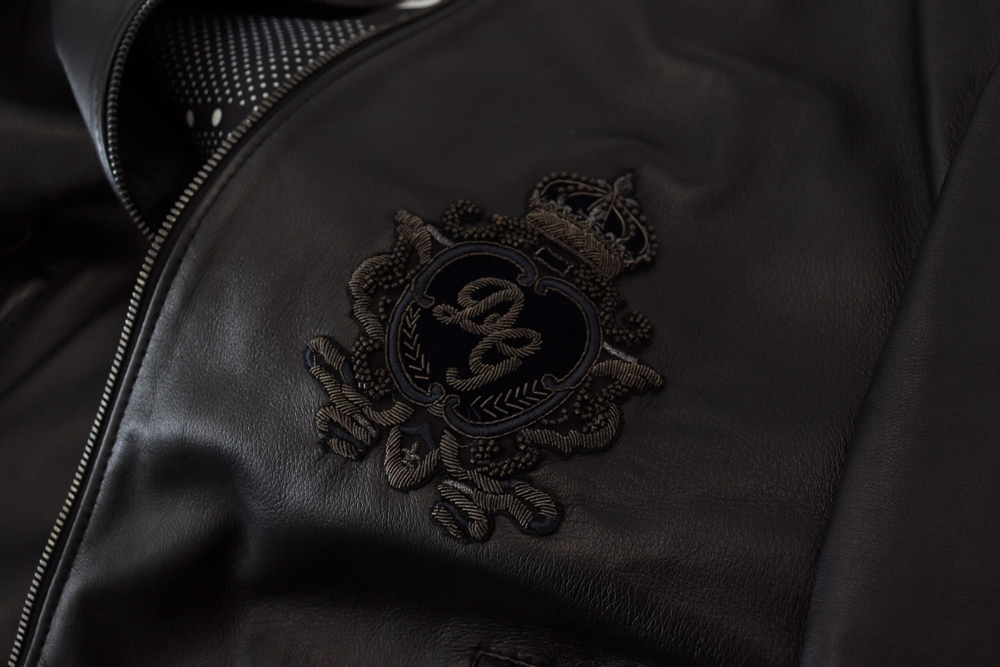 Black Leather DG Crown Men Bomber Jacket