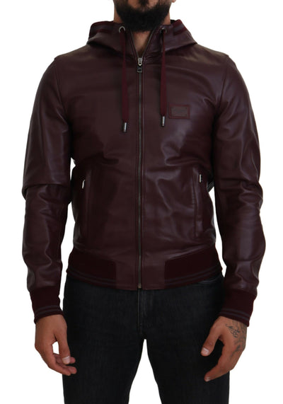 Maroon Leather Zip Fastening Hooded Jacket