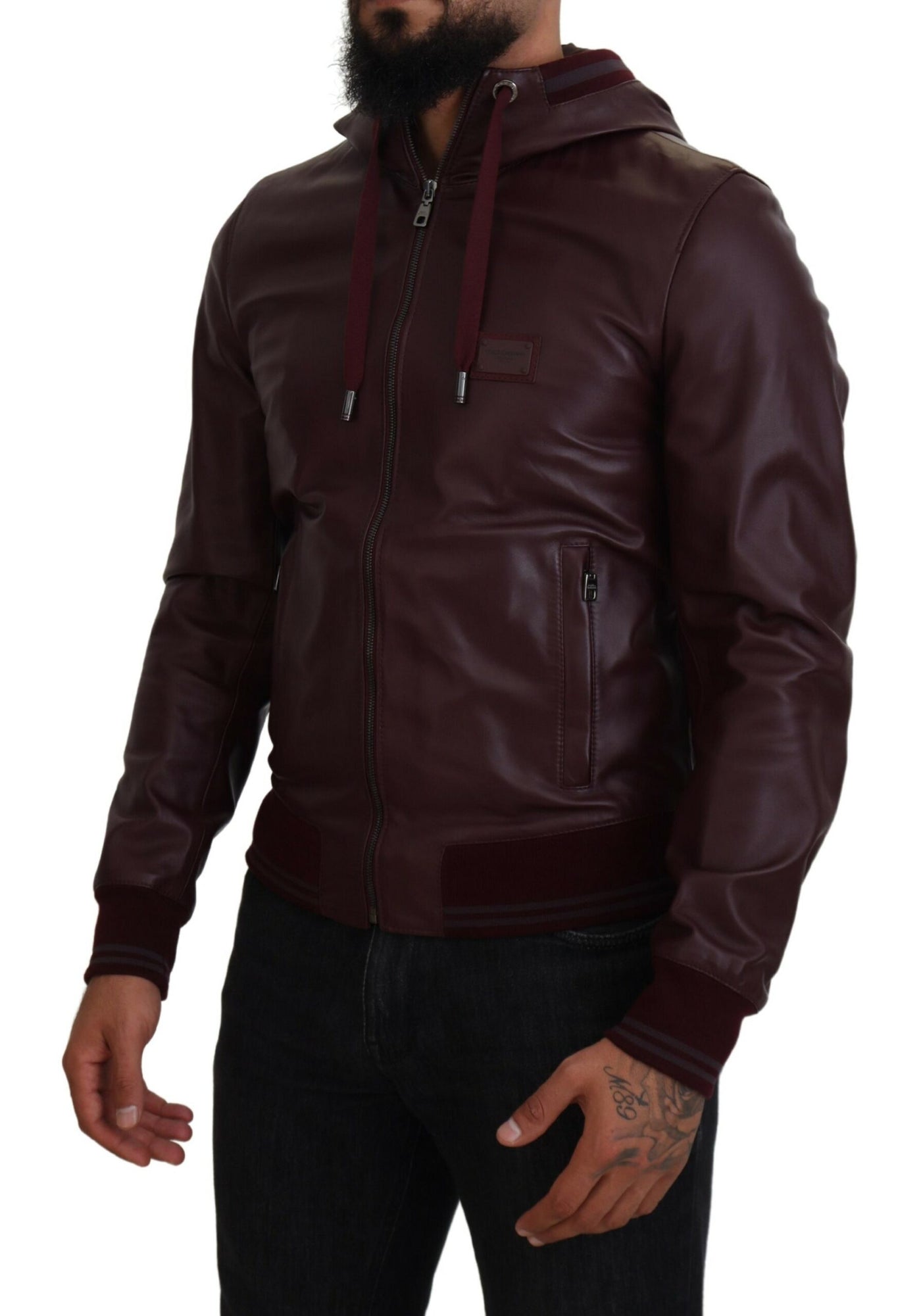 Maroon Leather Zip Fastening Hooded Jacket