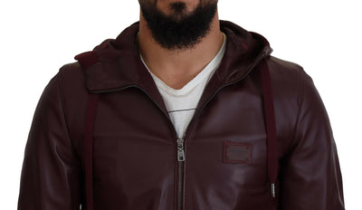 Maroon Leather Zip Fastening Hooded Jacket