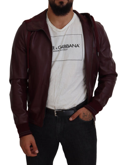 Maroon Leather Zip Fastening Hooded Jacket