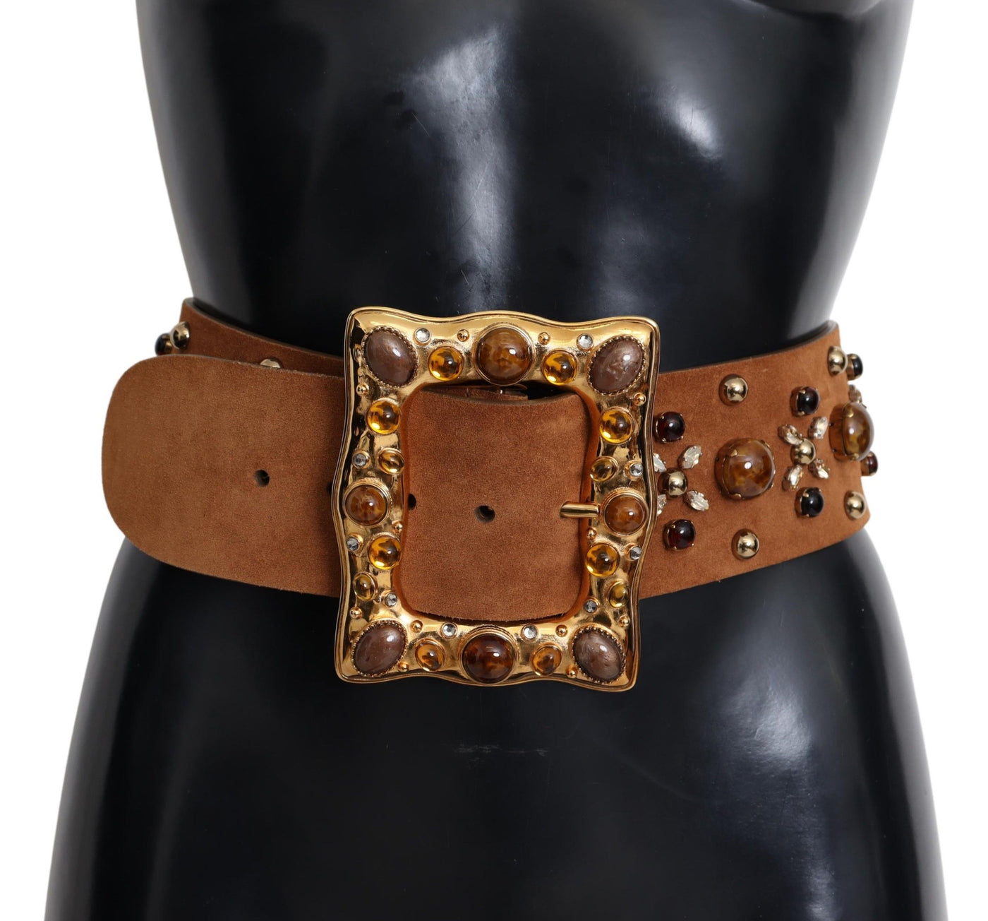 Brown Crystal Gold Buckle Leather Belt