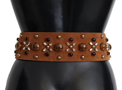 Brown Crystal Gold Buckle Leather Belt