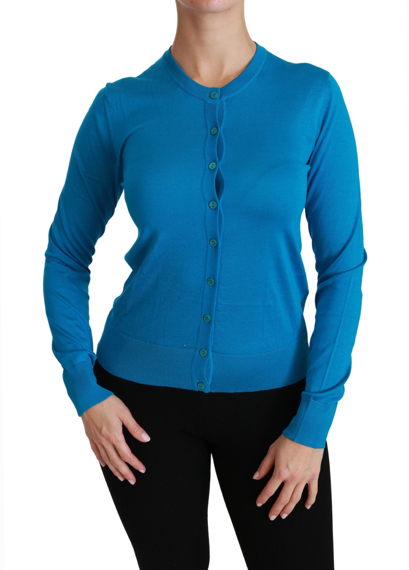 Blue Crewneck Cardigan 100% Silk Sweater