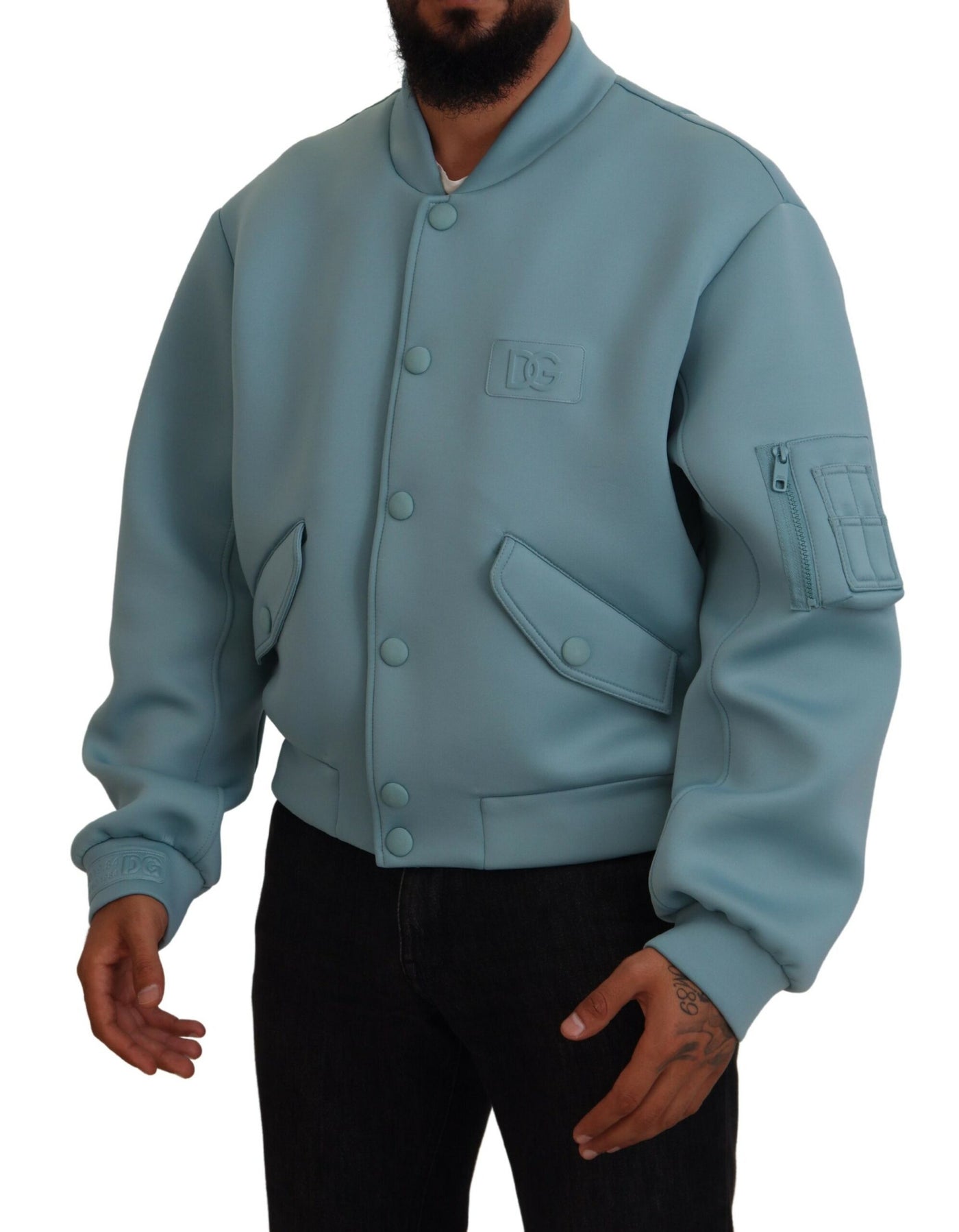 Light Blue Polyester DG Patch Bomber Jacket