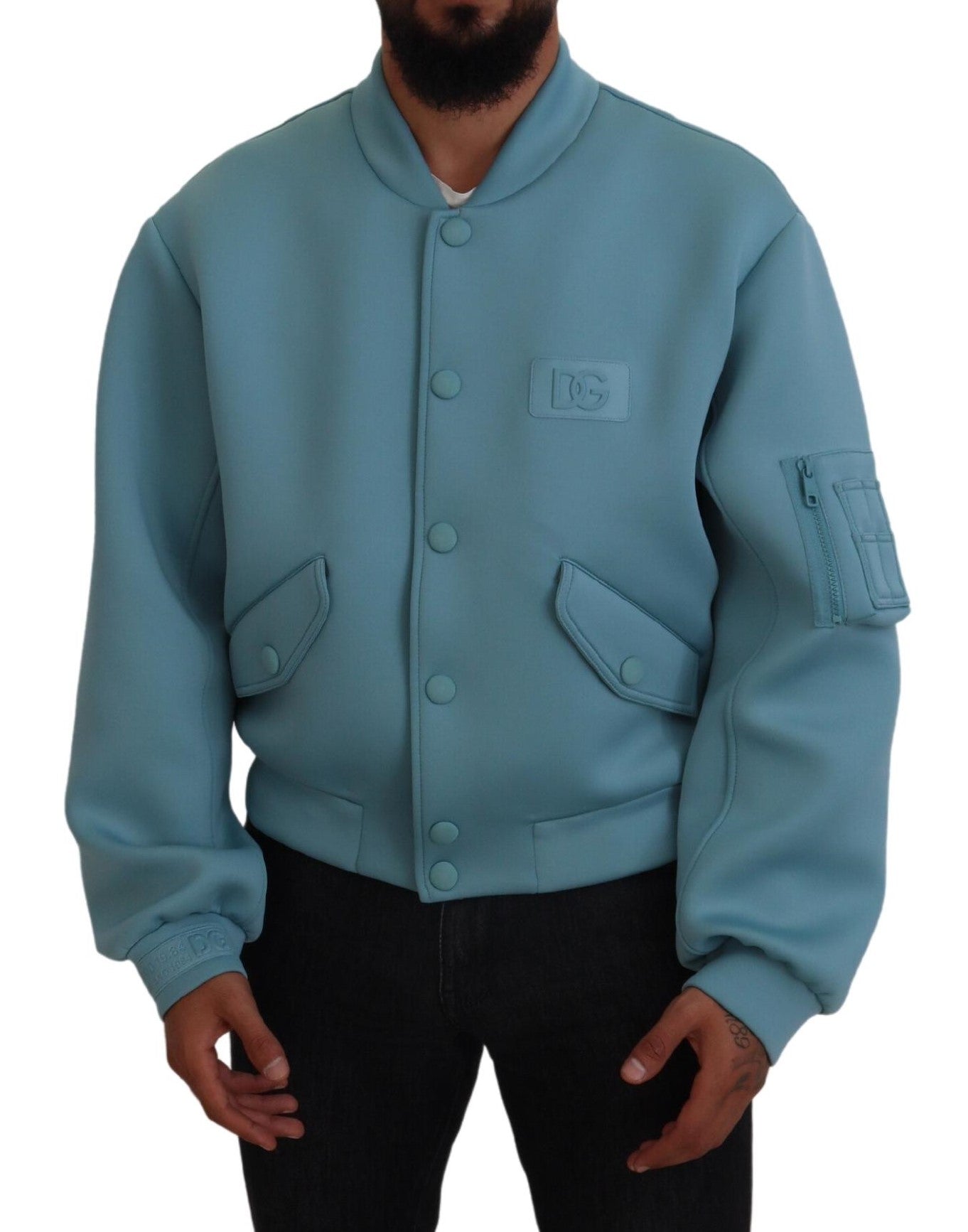 Light Blue Polyester DG Patch Bomber Jacket