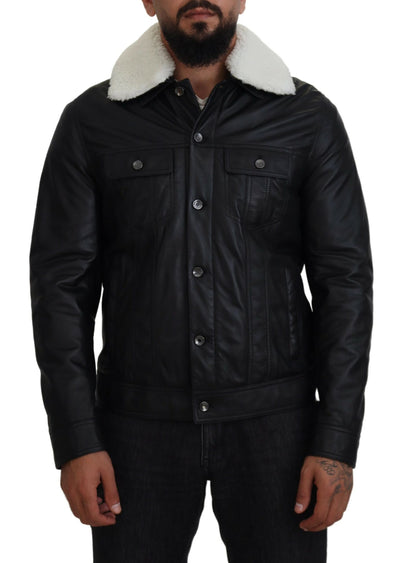 Black Lamb Leather Collared Men Coat Jacket