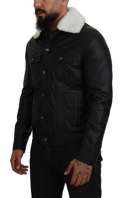 Black Lamb Leather Collared Men Coat Jacket