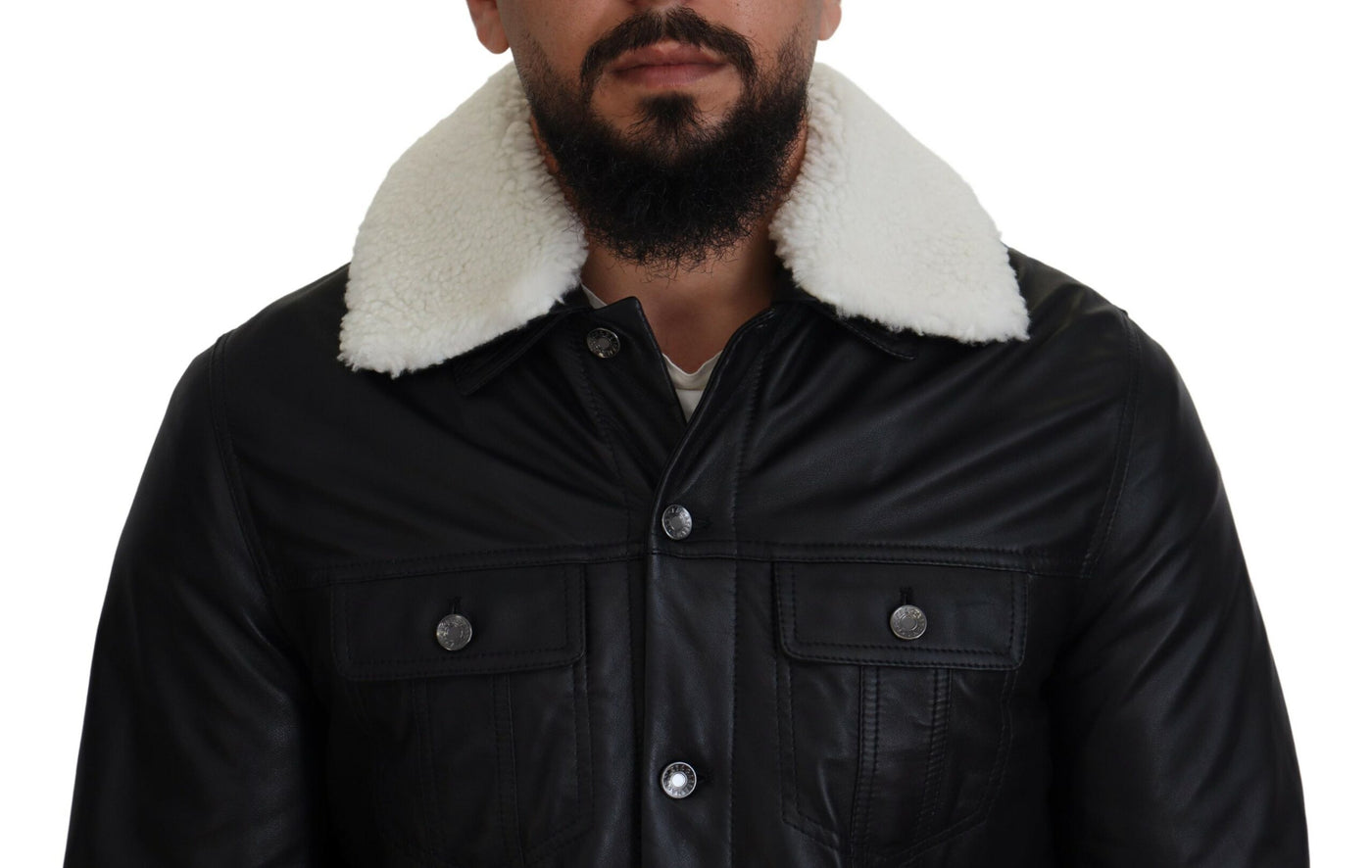 Black Lamb Leather Collared Men Coat Jacket