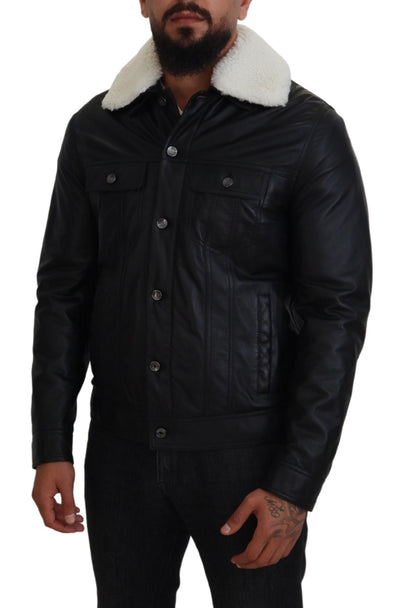 Black Lamb Leather Collared Men Coat Jacket