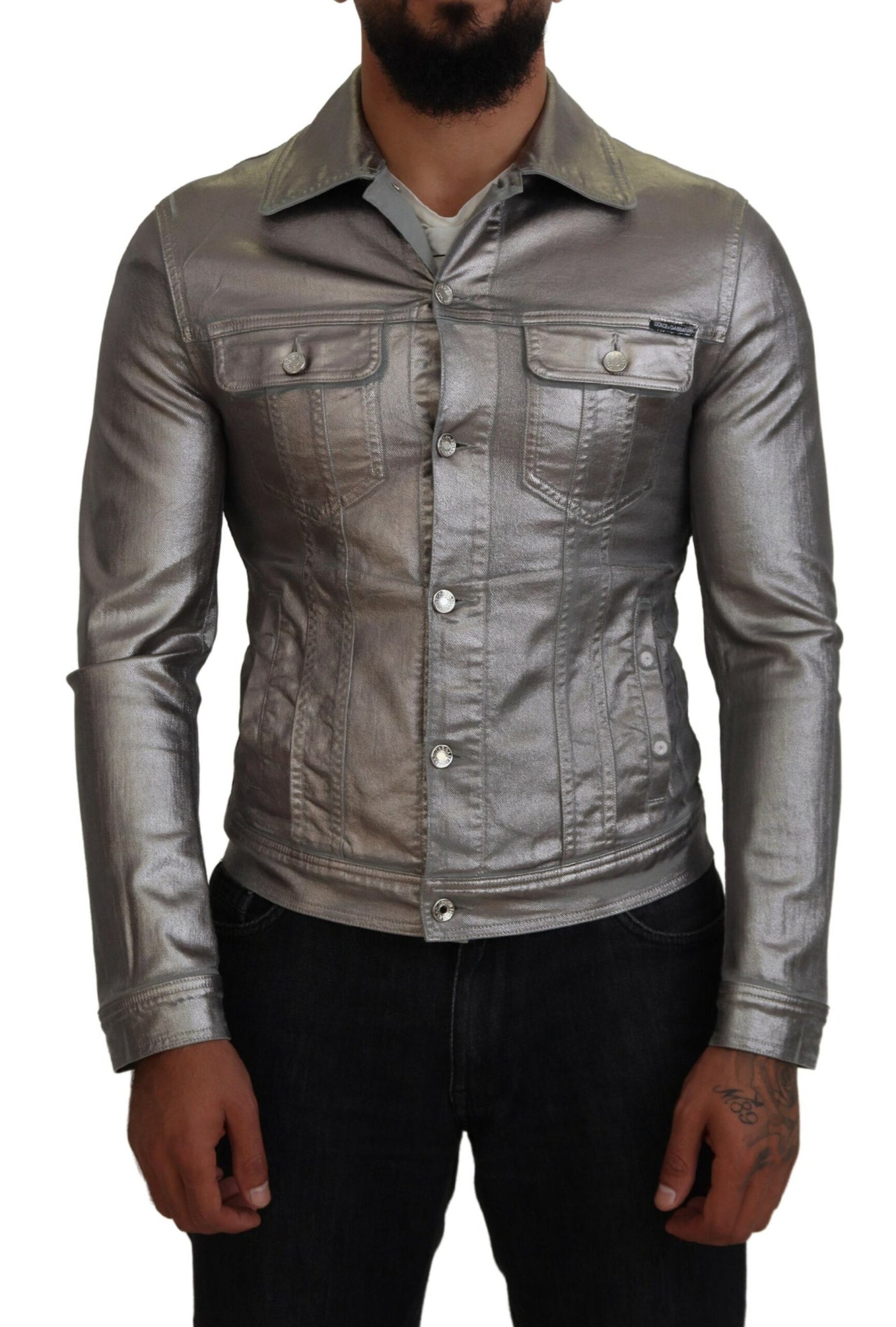 Gray Metallic Cotton Men Long Sleeves Jacket