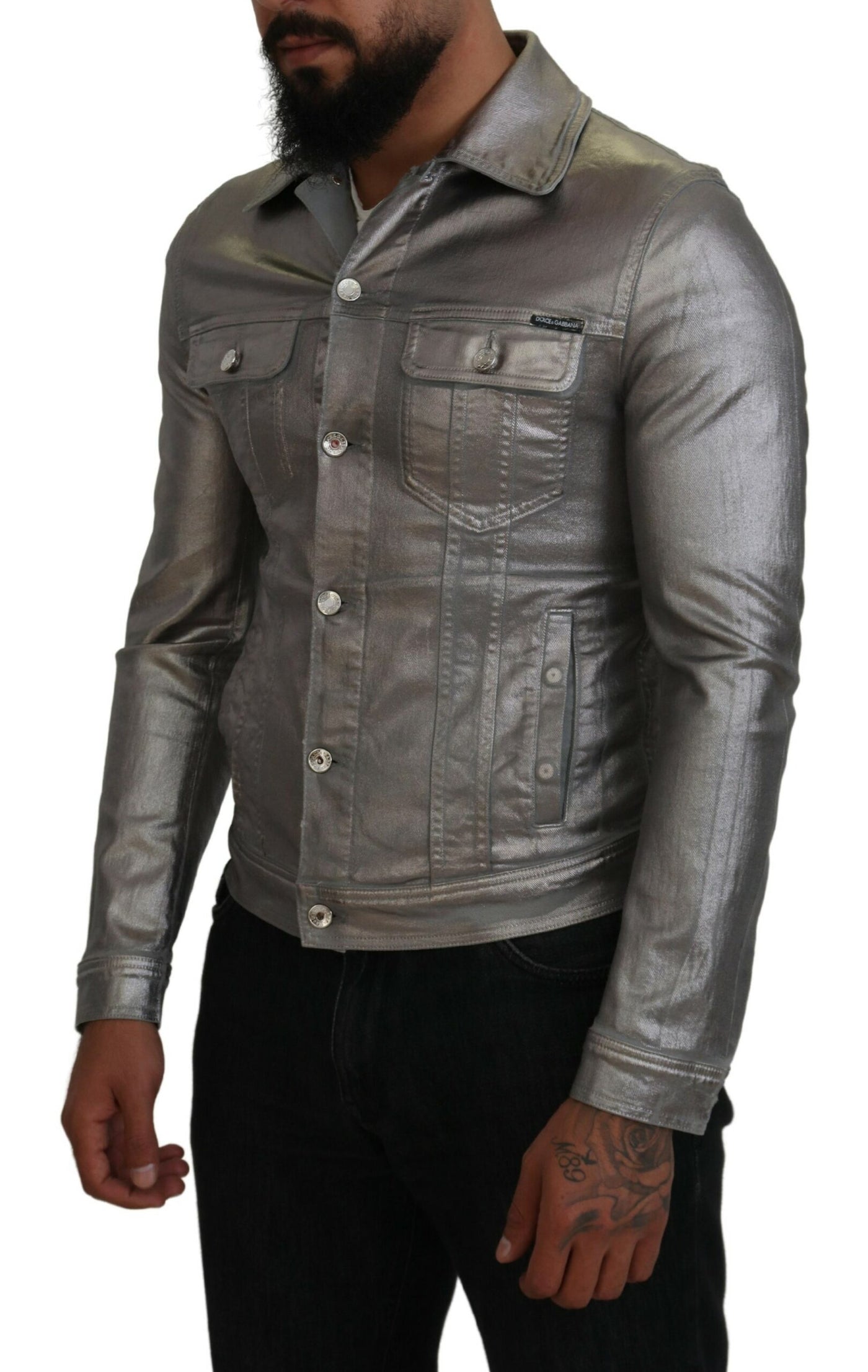 Gray Metallic Cotton Men Long Sleeves Jacket