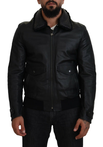 Black Lamb Leather Collared Men Coat Jacket